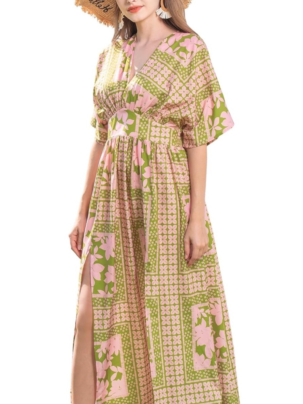 Floral V-Neck Pink and Olive Green Maxi Dress
